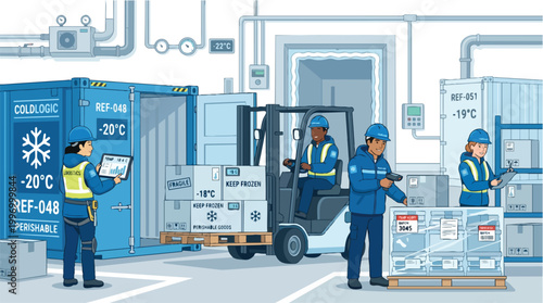 Logistics workers in a cold storage facility managing frozen perishable goods with forklifts and scanners, illustrating efficient supply chain operations and cold chain management.