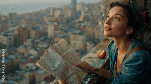 Woman with map looking up at city skyline