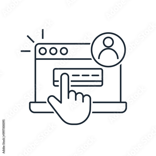 The user interacts with the digital interface. Authorization or personal account. Vector linear icon illustration isolated on white background.