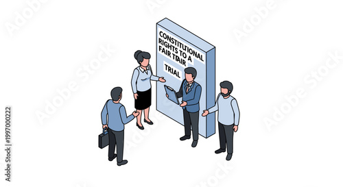 Legal professionals examine constitutional rights during a fair trial illustration.