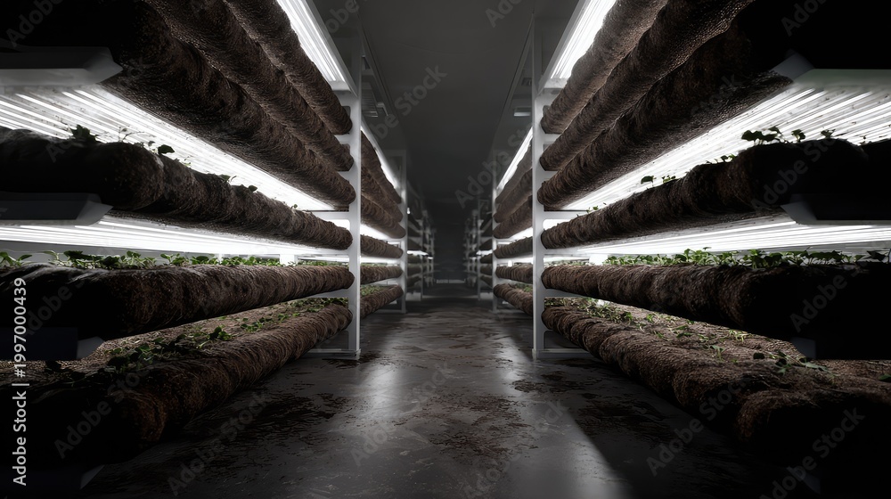 Obraz premium Vertical farming system growing plants with led light