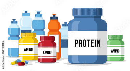Assorted protein supplements and vitamins.