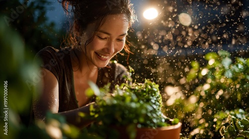 Woman smiling while watering plants at night