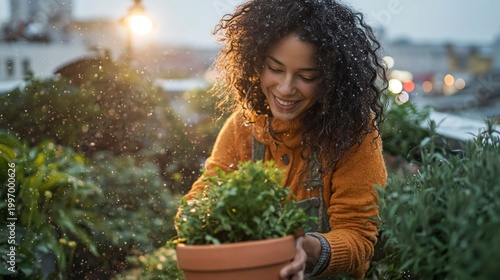 Woman smiling holding a potted plant outdoors