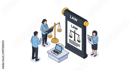 Legal Professionals Reviewing Law Documents and Scales of Justice.