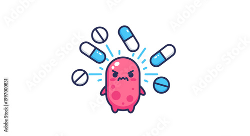 Angry germ character surrounded by pills, illustration for health and medicine