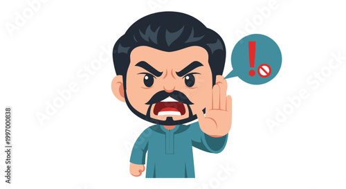 Angry Man Cartoon Character Gesturing Stop Sign with Warning Symbol in Speech Bubble