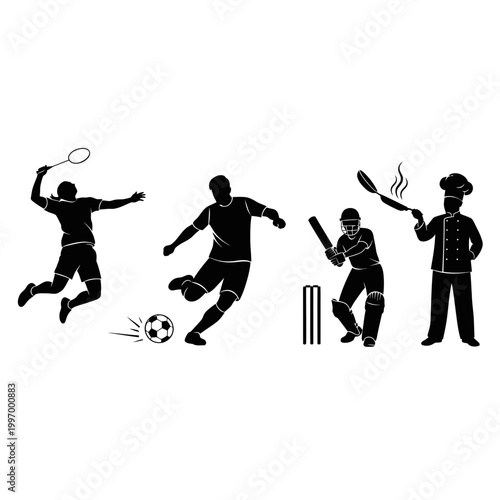 A black and white vector graphic illustration of four sportsmen in action poses, including a tennis player, soccer player, cricketer, and chef, in a minimalist flat design style.