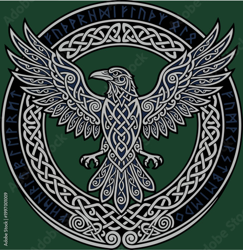 Viking raven emblem with intricate celtic knotwork and runic circle.
