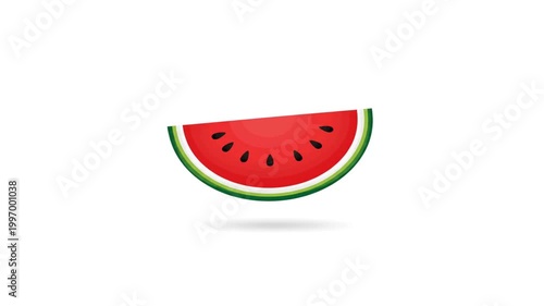 A vibrant slice of juicy red watermelon with black seeds, casting a subtle shadow on a clean white background.