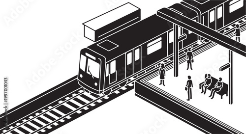 City train, subway station, urban transit, black and white illustration, vector graphics