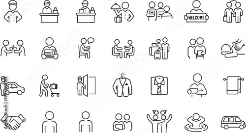 A collection of simple line icons depicting various business and social interactions
