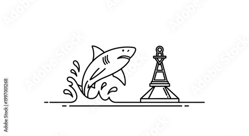 Line art illustration of a shark leaping from the ocean water.