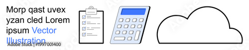 Task management, digital finance, cloud storage, data access, productivity, planning. A checklist, calculator and cloud icon in minimal style. Task management and digital finance concepts