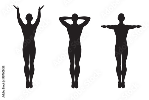 Artistic vector illustration featuring black silhouettes of a group of ballet dancers and women in elegant fashion poses, capturing the beauty of dance and fitness through a fluid evolution of motion