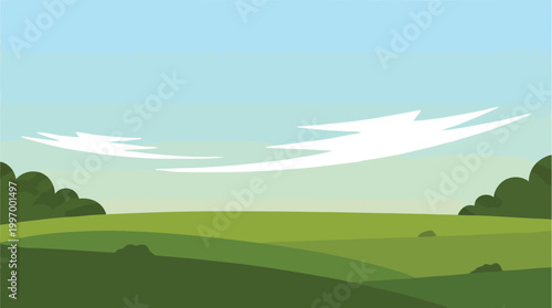 A serene landscape of a green field under a blue sky