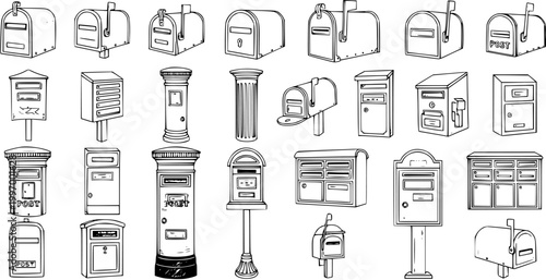 Bild auf Leinwand Hand-drawn sketch collection of diverse mailboxes and post boxes, featuring various styles of letterboxes, parcel boxes, and postal receptacles in a doodle art style