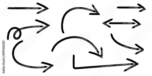 Hand drawn doodle arrows set, marker pen curved and straight direction lines. Brush stroke scribble arrow shapes collection, sketch style symbols vector