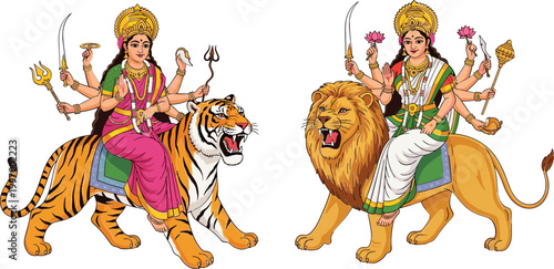 Illustrations of Goddess Durga Riding Tiger and Lion in Traditional Indian Art for Religious and Cultural Designs