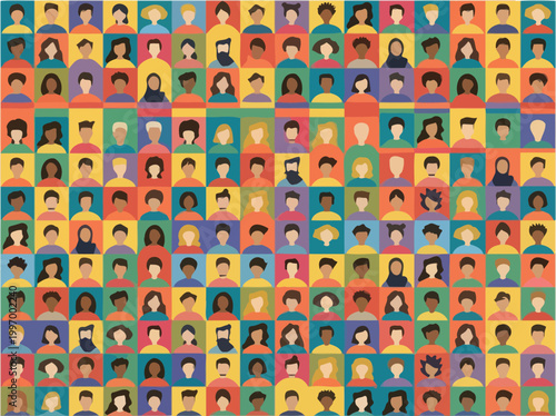 A vibrant mosaic of diverse faces in colorful squares