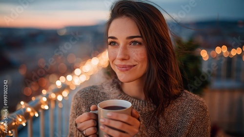 Woman enjoying a warm drink on a balcony at dusk
