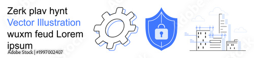 Cybersecurity, digital protection, tech infrastructure, online safety, secure services, cloud computing. Gear, shield with lock digital city layout. Cybersecurity and digital protection
