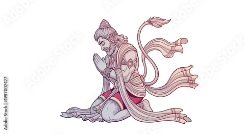 Detailed vector illustration depicts Hanuman in a devotional pose, hands pressed together in prayer, set against a clean white background with subtle linework and soft pastel colors