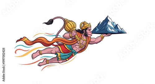 A vibrant vector illustration depicts Hanuman, the Hindu monkey god, soaring while carrying a mountain, rendered in a cartoon style with dynamic motion lines against a clean white backdrop