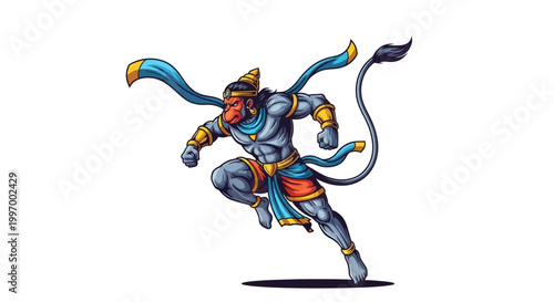 Dynamic illustration of Hanuman in a powerful running pose, showcasing his strength, presented as a vibrant vector graphic with clean lines and bold colors against a plain white backdrop