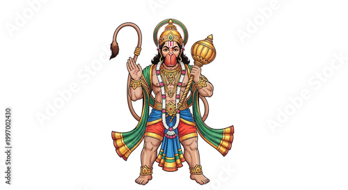 Stylized vector illustration of Hanuman, the revered Hindu monkey god, in a traditional pose holding his mace, set against a clean white background with vibrant colors conveying a sense