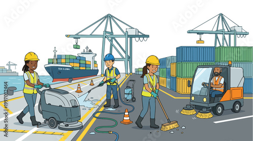 Port Workers Cleaning and Maintaining Shipping Yard with Industrial Equipment Vector Illustration