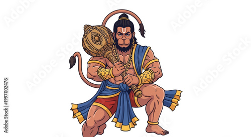 Detailed vector illustration of Hanuman, a revered Hindu deity, holding a golden mace, rendered with bold outlines and vibrant colors against a clean white backdrop, ideal for religious