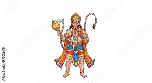 A vibrant vector illustration depicts Hanuman, the revered Hindu monkey god, holding a conch shell, set against a clean white background with an emphasis on the religious significance