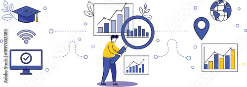 Business data analysis vector illustration with charts, graphs, global connection, location tracking and digital performance monitoring concept