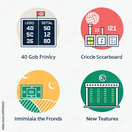 Sports scoreboards and game results in circular icons Keywords: scoreboard, score, game, sports