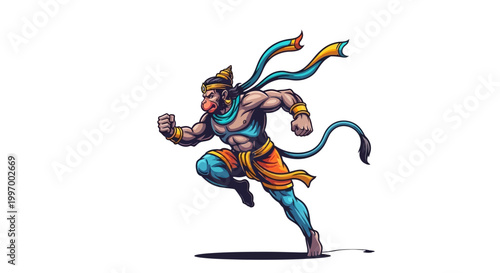 Colorful Hindu illustration of Hanuman depicted in a dynamic running pose, representing strength and devotion, showcased in a vibrant, cartoon vector style against a clean, minimalist white
