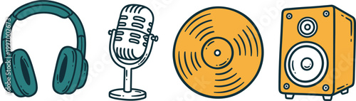 Vintage audio equipment collection headphones microphone vinyl record and speaker illustration