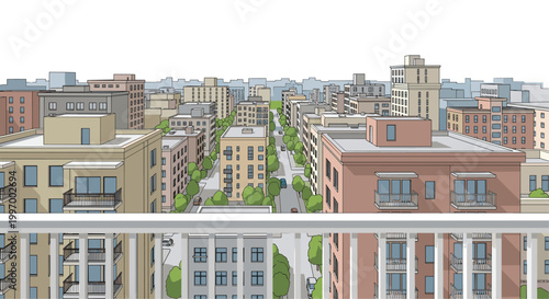 A high-angle perspective from a white balcony railing reveals a dense urban neighborhood filled with colorful apartment buildings and lush green trees along the street.