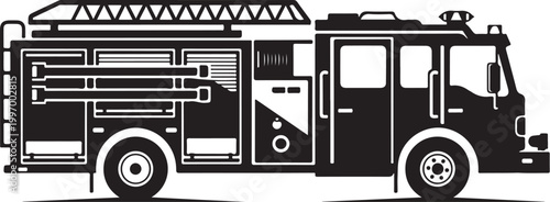 Fire truck, emergency vehicle, rescue transport, black and white icon