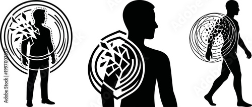 Collection of three solid silhouette icons for digital breach isolation and data recovery systems