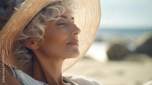 Soft sunlight glows on her face. She wears a wide-brimmed straw hat. Her eyes close as she smiles gently. Salt air and waves linger in the background. She's relaxed, soaking in quiet seaside peace