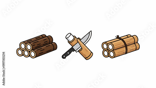 Woodworking icons set with timber logs bundle and cutting knife