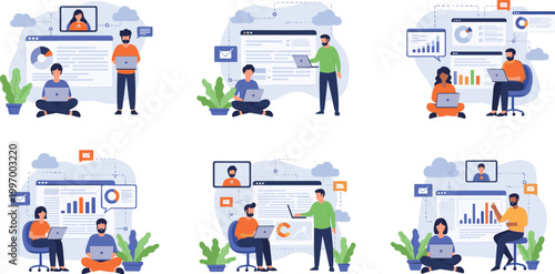 Business team collaboration and data analysis vector set with office workers, dashboards, reports and digital communication concept