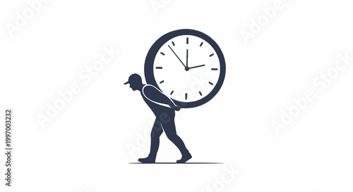 Tired worker carrying a large heavy clock on his back representing the stressful burden of managing limited time during work