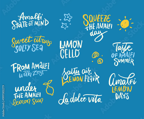 Amalfi lemon hand lettering bundle with humorous summer quotes and crafty ink texture, contemporary Mediterranean doodle set for posters, cards, social media, fashion prints, cafe branding. Vector