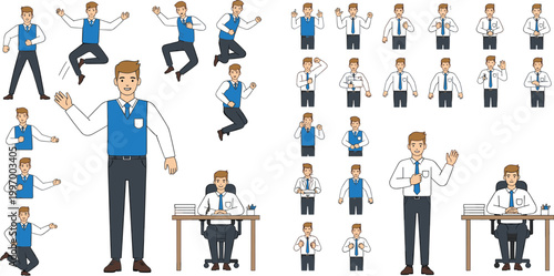 Businessman Character Vector Set with Office Worker Poses Working Sitting Standing Gestures and Corporate Actions for Professional Illustration Design