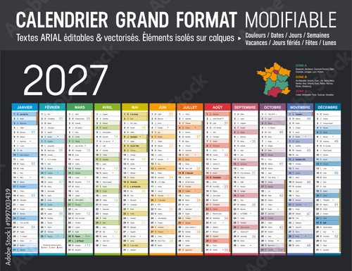 Calendrier Français 2027 modifiable vectoriel, grand format France, textes en Arial, éditables et vectorisés. Modèle personnalisable pour bureau.