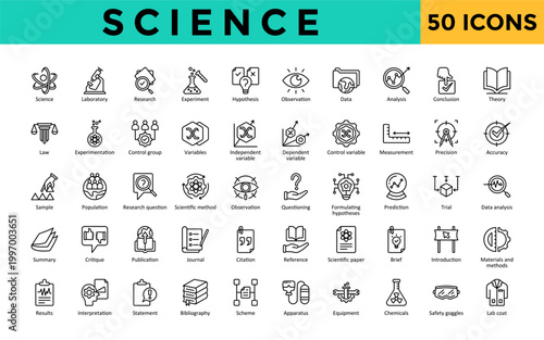 Science icons set with laboratory, research, experiment, hypothesis, observation, data, analysis, conclusion, theory icon. Simple line vector 
