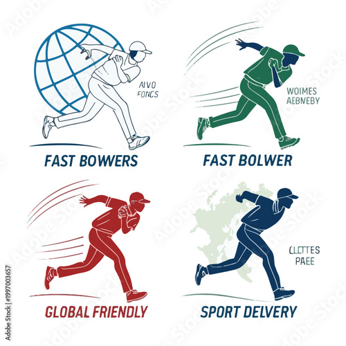 Cricket Bowlers and Delivery Styles Illustrated Four Ways vector illustration