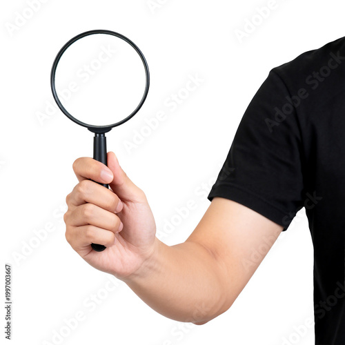 [Transparent Background PNG]Hand Holding Black Magnifying Glass on White Background